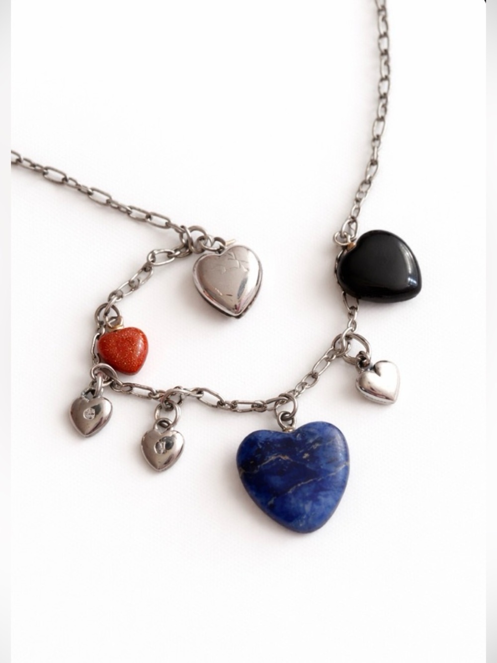Multi Stone Heart Charm Necklace – Silver Tone Gemstone Choker Necklace Locket